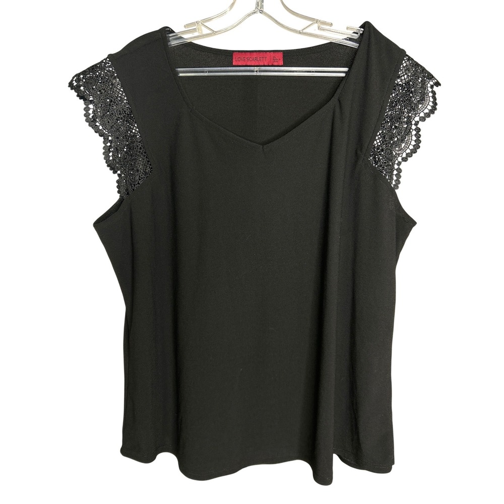 Love Scarlett Womens XL Black V-Neck Blouse Crochet Lace Cap Sleeve Top